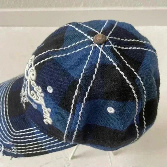Vintage TRUE RELIGION Hat Distressed Blue Plaid Buddha Baseball Trucker RARE - Picture 6 of 9